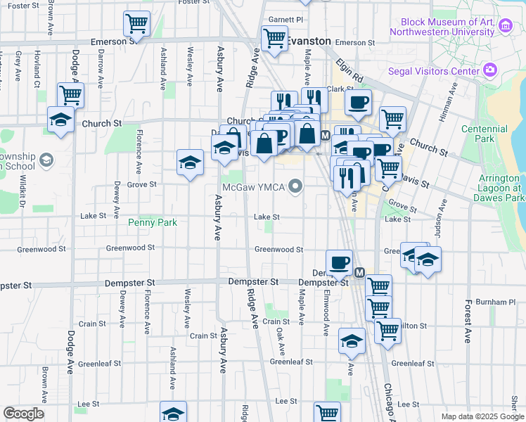 map of restaurants, bars, coffee shops, grocery stores, and more near 1500 Oak Avenue in Evanston