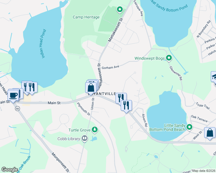 map of restaurants, bars, coffee shops, grocery stores, and more near 548 Mattakeesett Street in Pembroke