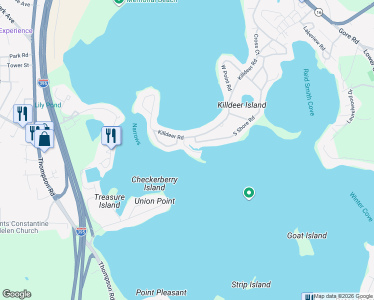 map of restaurants, bars, coffee shops, grocery stores, and more near 225 Killdeer Road in Webster