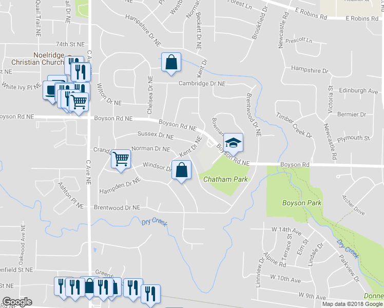 map of restaurants, bars, coffee shops, grocery stores, and more near 6706 Kent Drive Northeast in Cedar Rapids