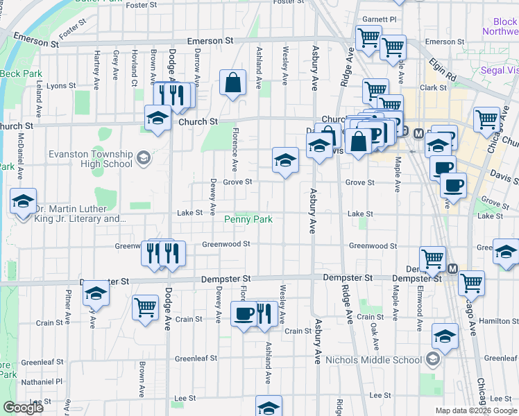 map of restaurants, bars, coffee shops, grocery stores, and more near 1505 Ashland Avenue in Evanston