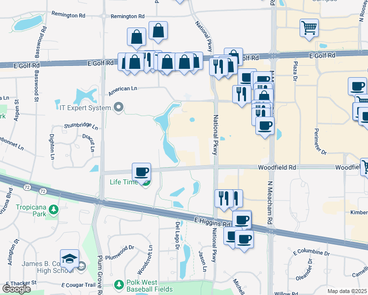 map of restaurants, bars, coffee shops, grocery stores, and more near 1100 Woodfield Road in Schaumburg