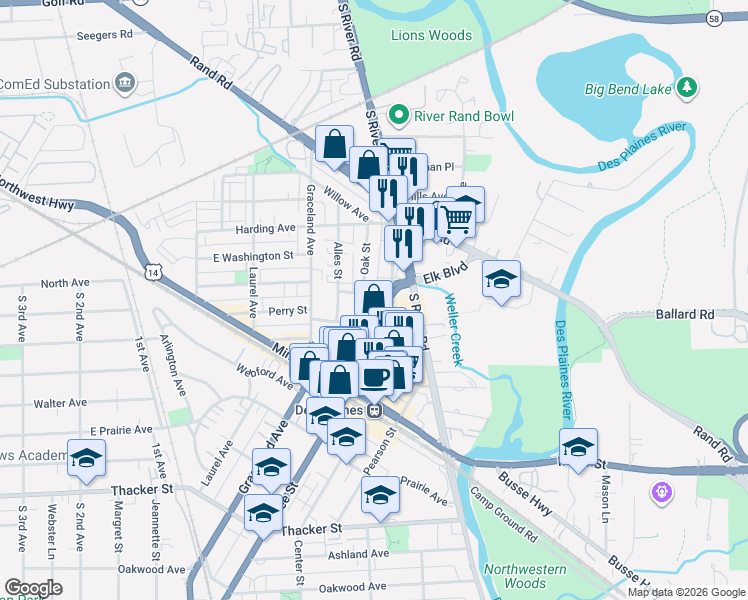 map of restaurants, bars, coffee shops, grocery stores, and more near 465 Oak Street in Des Plaines