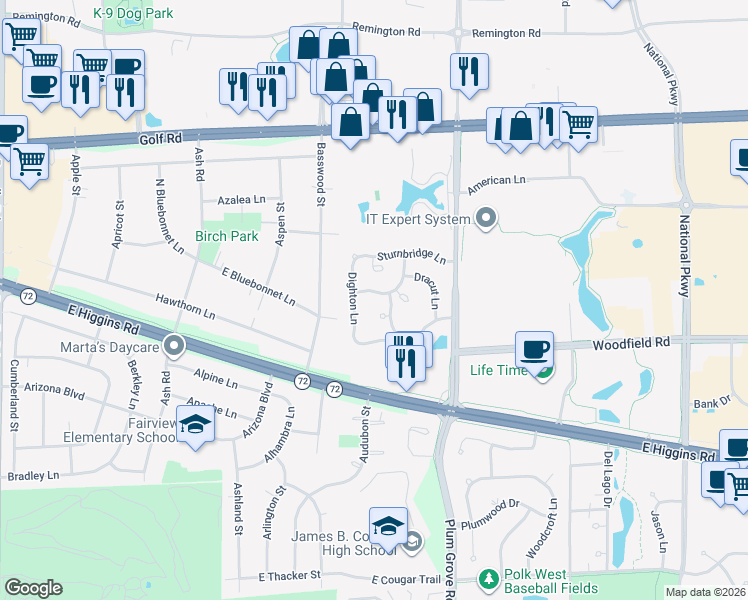 map of restaurants, bars, coffee shops, grocery stores, and more near 614 Newbury Lane in Schaumburg