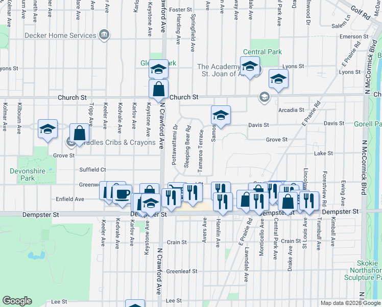 map of restaurants, bars, coffee shops, grocery stores, and more near 9012 Sleeping Bear Road in Skokie