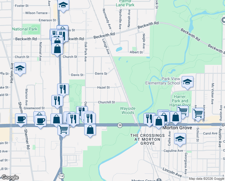 map of restaurants, bars, coffee shops, grocery stores, and more near 6616 Hazel Street in Morton Grove
