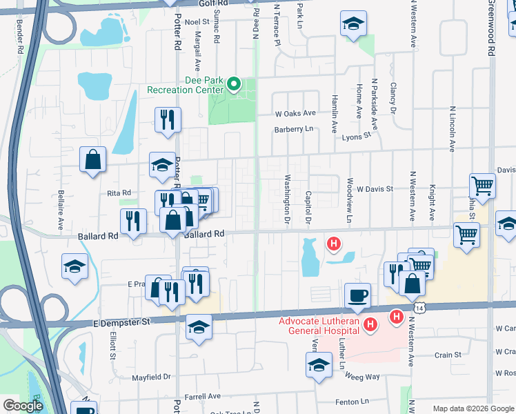 map of restaurants, bars, coffee shops, grocery stores, and more near 9298 Ballard Road in Des Plaines