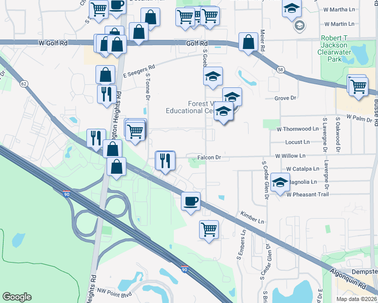 map of restaurants, bars, coffee shops, grocery stores, and more near 2230 South Goebbert Road in Arlington Heights