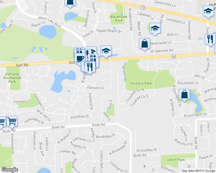 map of restaurants, bars, coffee shops, grocery stores, and more near 1015 Southbridge Lane in Schaumburg