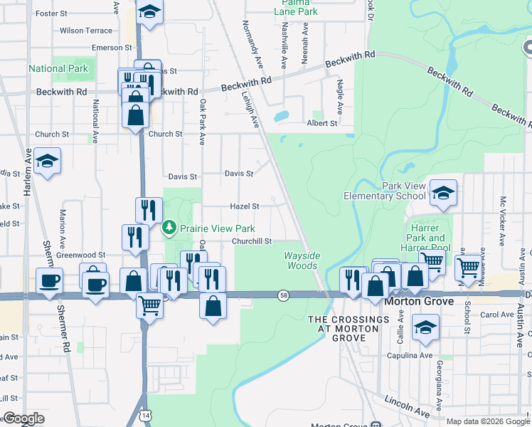 map of restaurants, bars, coffee shops, grocery stores, and more near 6616 Hazel Street in Morton Grove