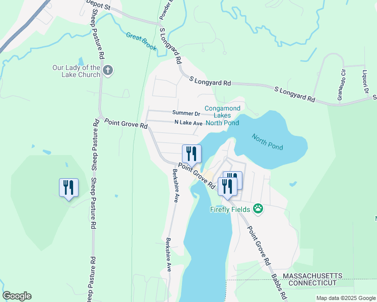map of restaurants, bars, coffee shops, grocery stores, and more near 58 Lakemont Street in Southwick