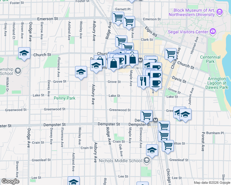 map of restaurants, bars, coffee shops, grocery stores, and more near in Evanston