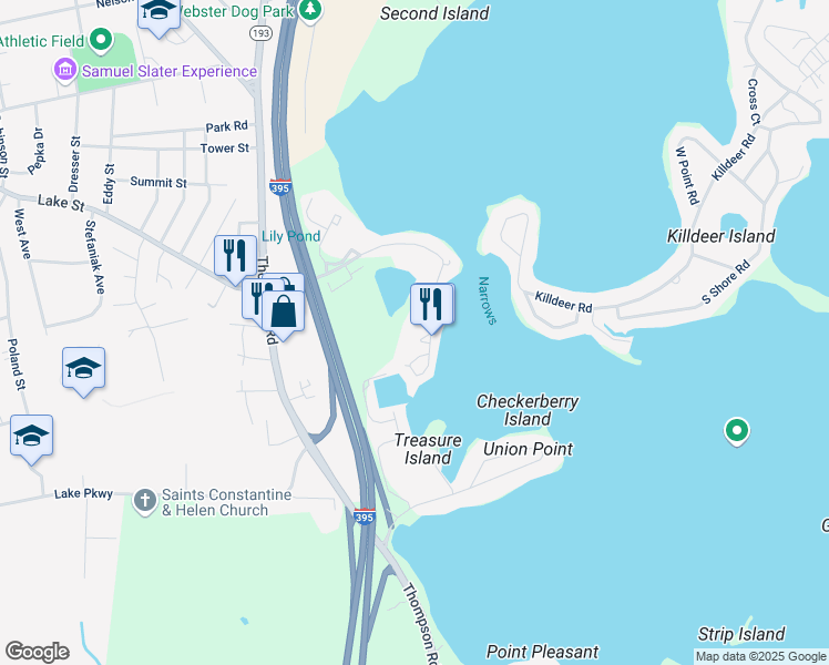 map of restaurants, bars, coffee shops, grocery stores, and more near 17 Birch Drive in Webster