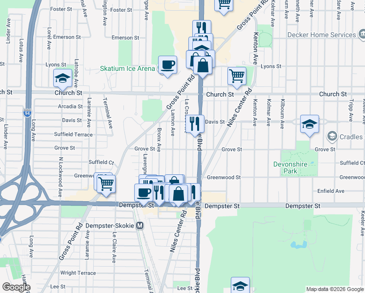 map of restaurants, bars, coffee shops, grocery stores, and more near 9016 La Crosse Avenue in Skokie
