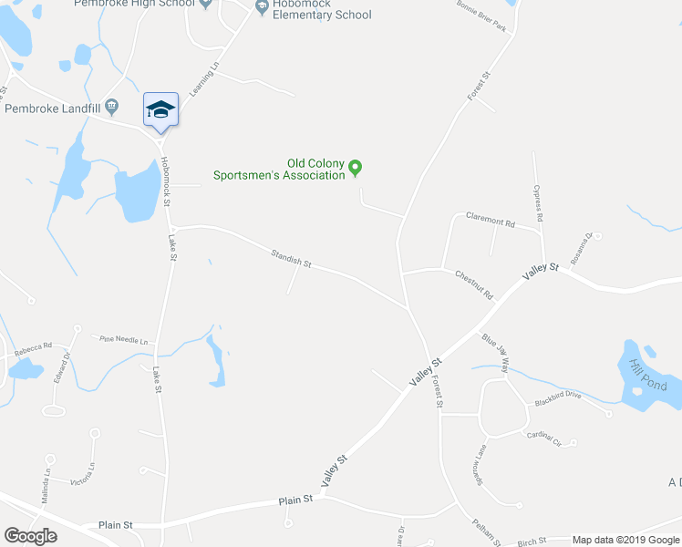 map of restaurants, bars, coffee shops, grocery stores, and more near 121 Standish Street in Pembroke