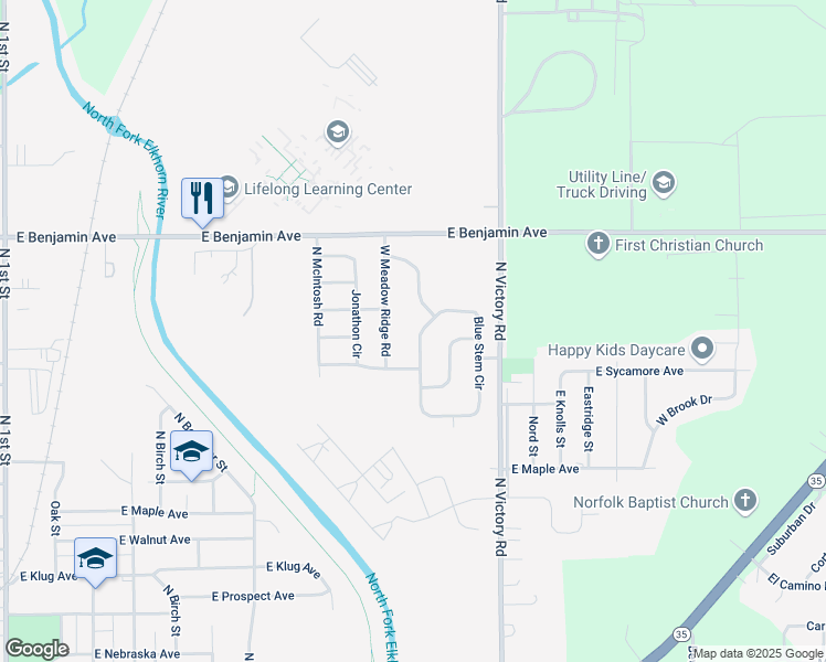map of restaurants, bars, coffee shops, grocery stores, and more near 1098 Blue Stem Circle in Norfolk