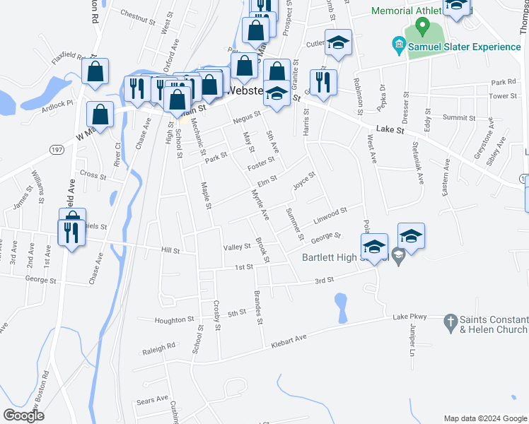 map of restaurants, bars, coffee shops, grocery stores, and more near 55 Myrtle Avenue in Webster