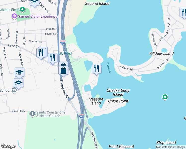 map of restaurants, bars, coffee shops, grocery stores, and more near 17 Birch Drive in Webster