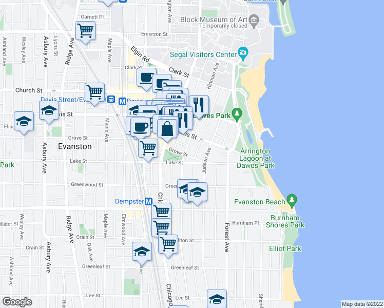 map of restaurants, bars, coffee shops, grocery stores, and more near in Evanston