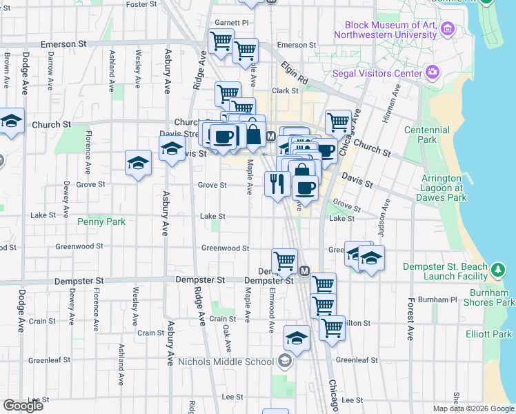map of restaurants, bars, coffee shops, grocery stores, and more near 1508 Elmwood Avenue in Evanston
