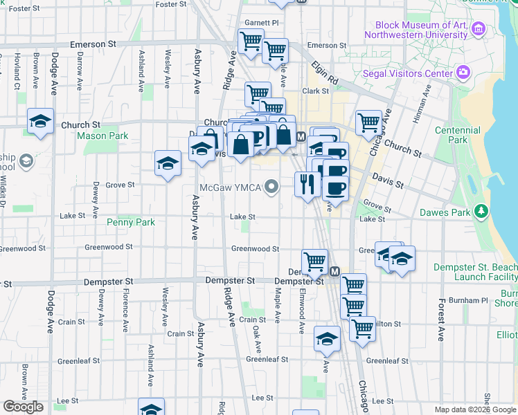 map of restaurants, bars, coffee shops, grocery stores, and more near in Evanston