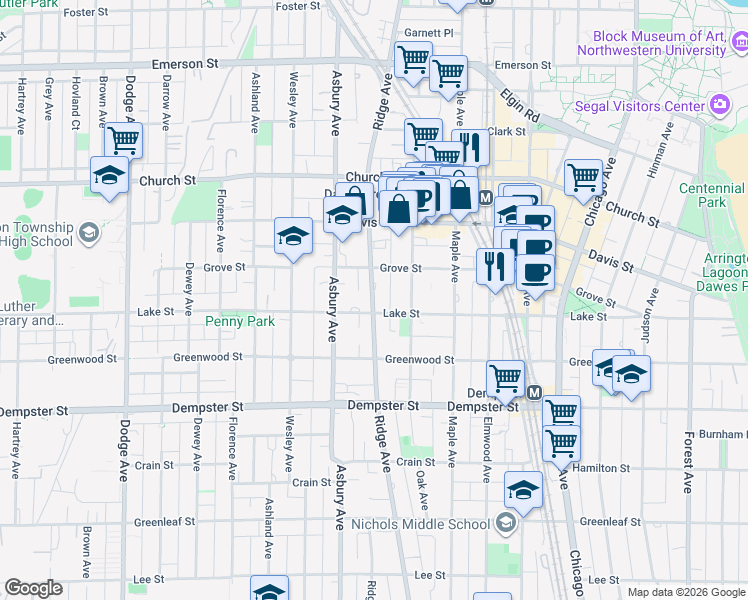 map of restaurants, bars, coffee shops, grocery stores, and more near 1511 Ridge Avenue in Evanston