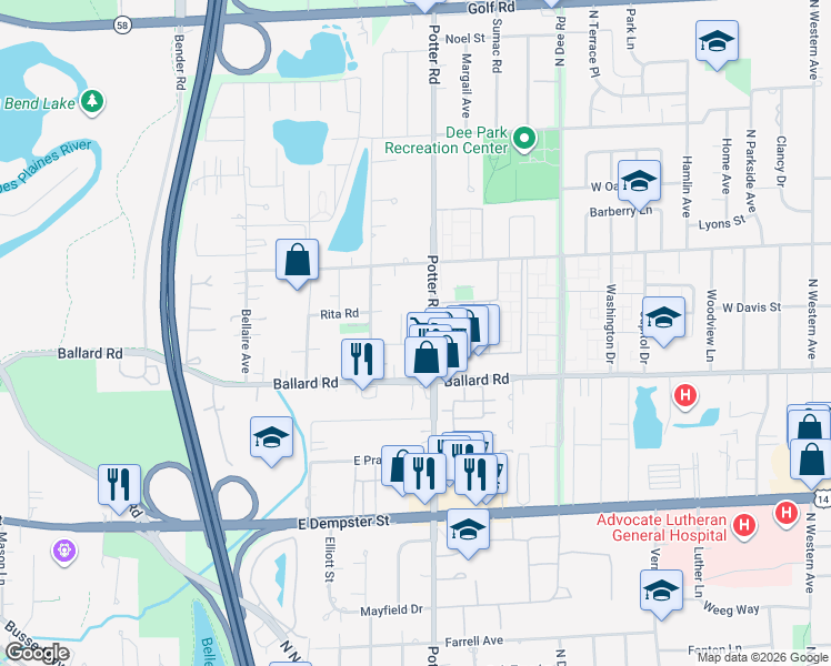 map of restaurants, bars, coffee shops, grocery stores, and more near 495 Ironwood Drive in Des Plaines