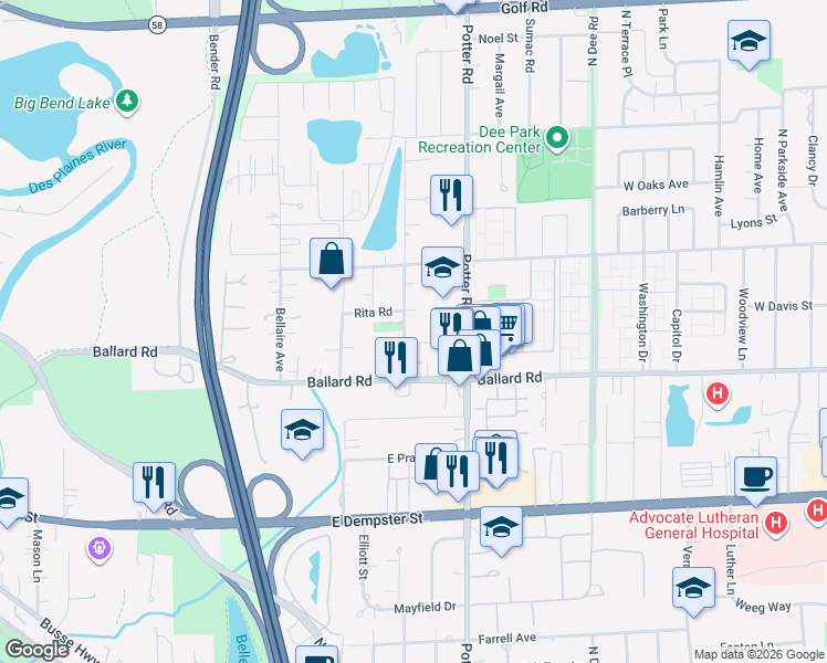 map of restaurants, bars, coffee shops, grocery stores, and more near 488 Rita Road in Des Plaines