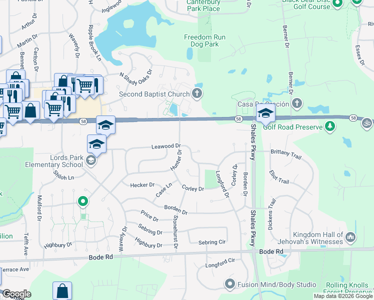 map of restaurants, bars, coffee shops, grocery stores, and more near 1230 Leawood Drive in Elgin