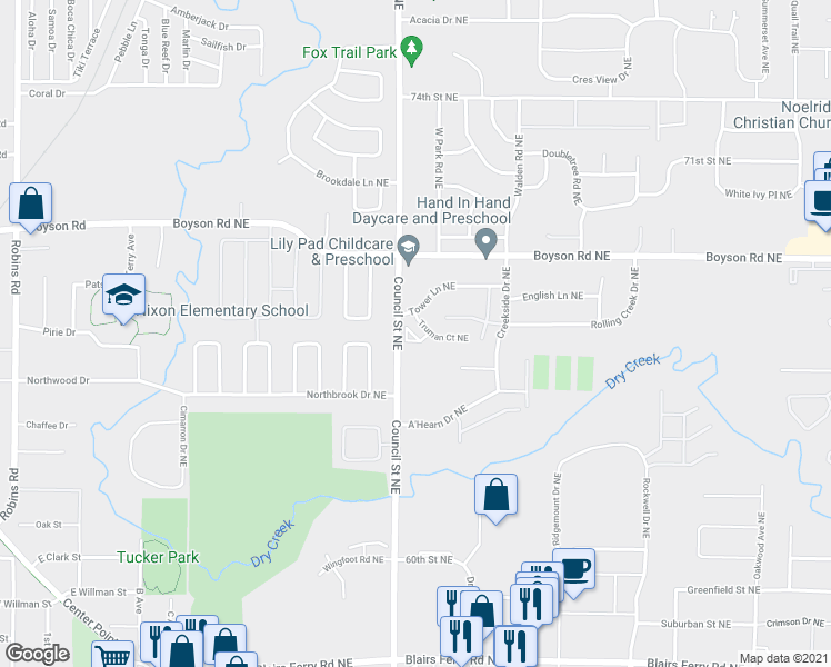 map of restaurants, bars, coffee shops, grocery stores, and more near 1475 Tower Lane Northeast in Cedar Rapids