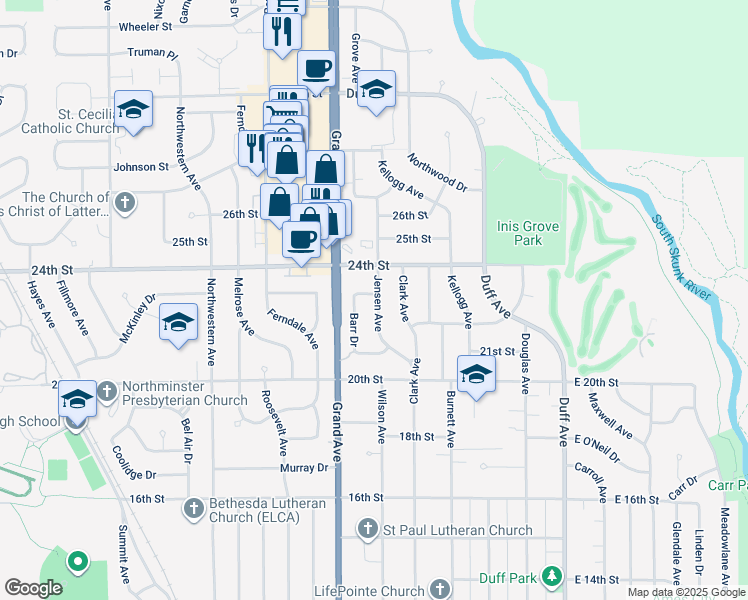map of restaurants, bars, coffee shops, grocery stores, and more near 612 24th Street in Ames
