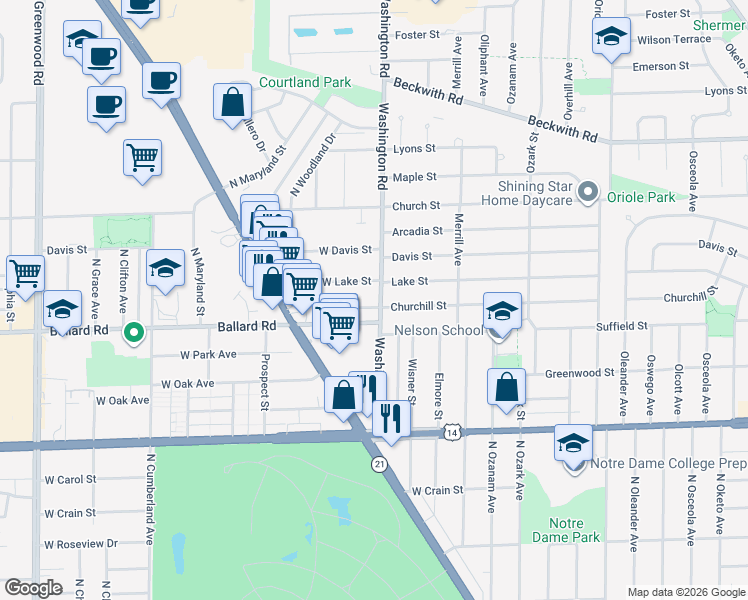 map of restaurants, bars, coffee shops, grocery stores, and more near 8013 West Lake Street in Niles