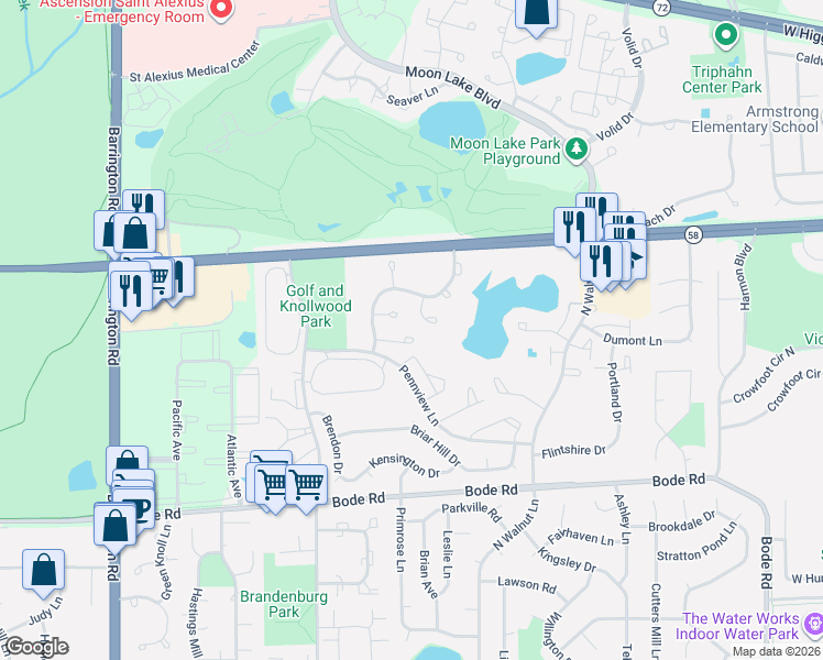 map of restaurants, bars, coffee shops, grocery stores, and more near 2033 Windemere Circle in Schaumburg