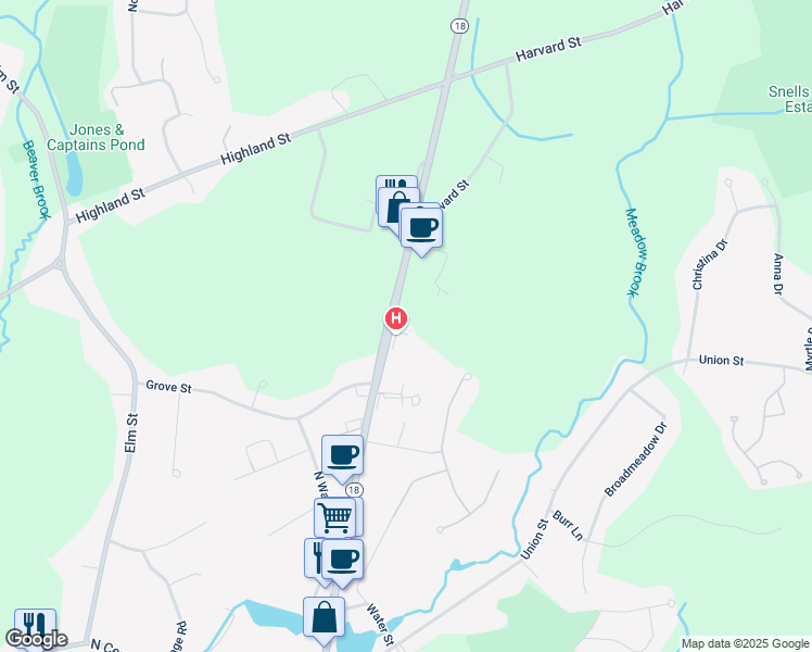 map of restaurants, bars, coffee shops, grocery stores, and more near 503 North Bedford Street in East Bridgewater
