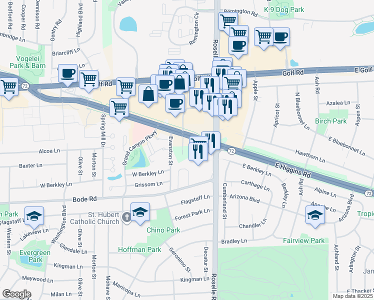 map of restaurants, bars, coffee shops, grocery stores, and more near 125 West Higgins Road in Hoffman Estates
