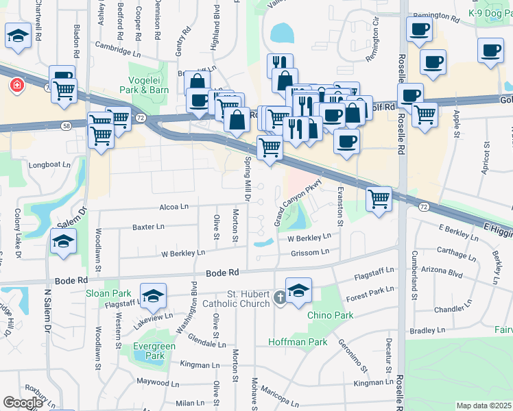 map of restaurants, bars, coffee shops, grocery stores, and more near 375 Willow Tree Court in Hoffman Estates