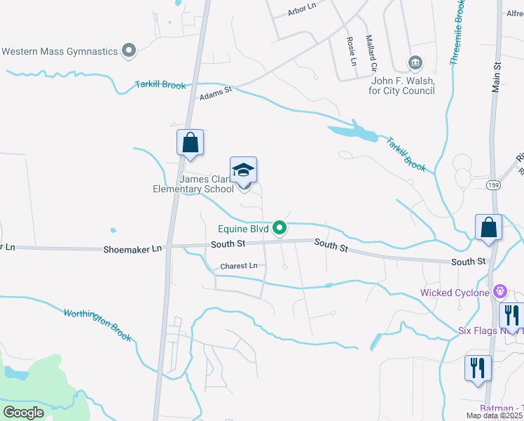map of restaurants, bars, coffee shops, grocery stores, and more near 65 Oxford Street in Agawam