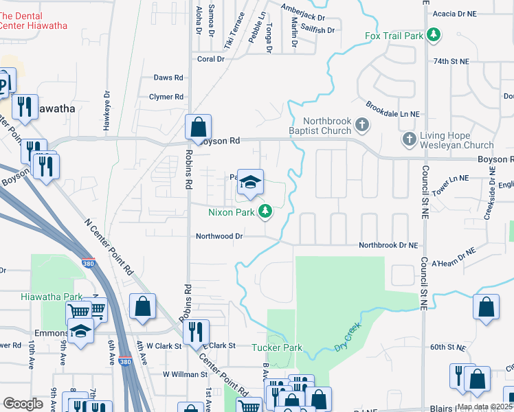 map of restaurants, bars, coffee shops, grocery stores, and more near 200 Nixon Drive in Hiawatha