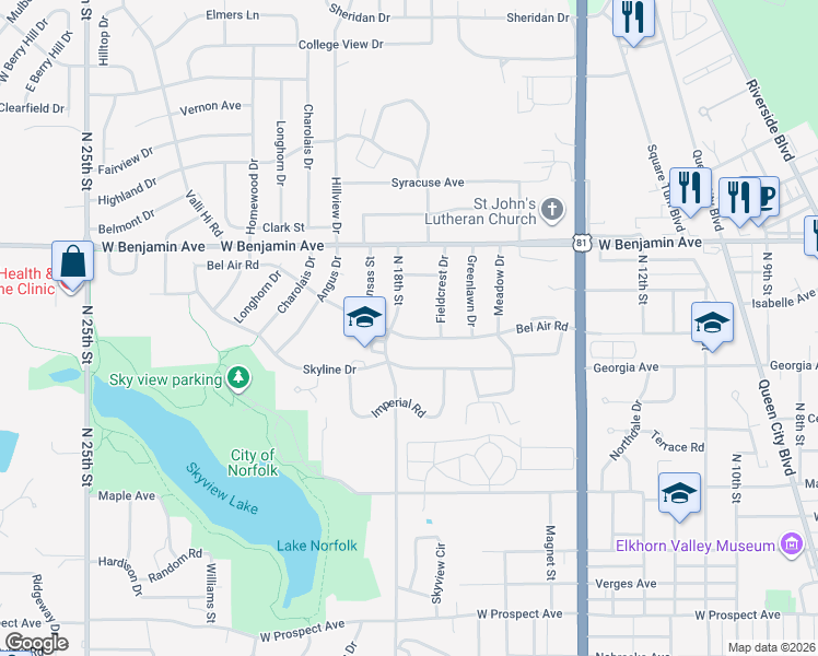 map of restaurants, bars, coffee shops, grocery stores, and more near 1201 North 18th Street in Norfolk
