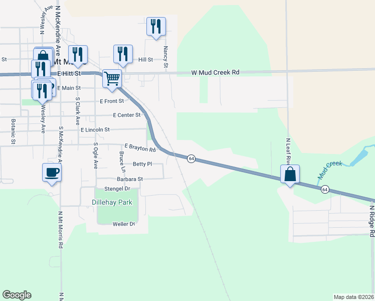 map of restaurants, bars, coffee shops, grocery stores, and more near 4144 Illinois 64 in Mount Morris