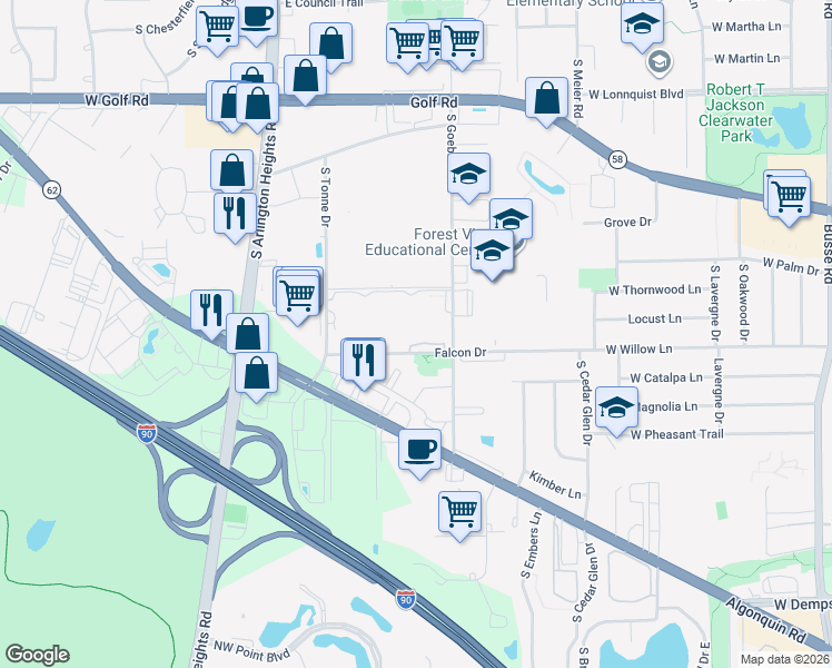 map of restaurants, bars, coffee shops, grocery stores, and more near 2230 South Goebbert Road in Arlington Heights
