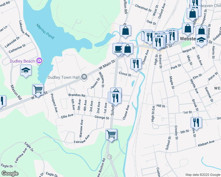 map of restaurants, bars, coffee shops, grocery stores, and more near 15 Williams Street in Dudley