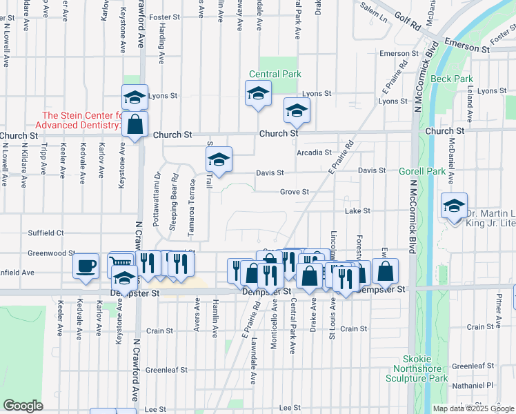 map of restaurants, bars, coffee shops, grocery stores, and more near 3651 Grove Street in Skokie