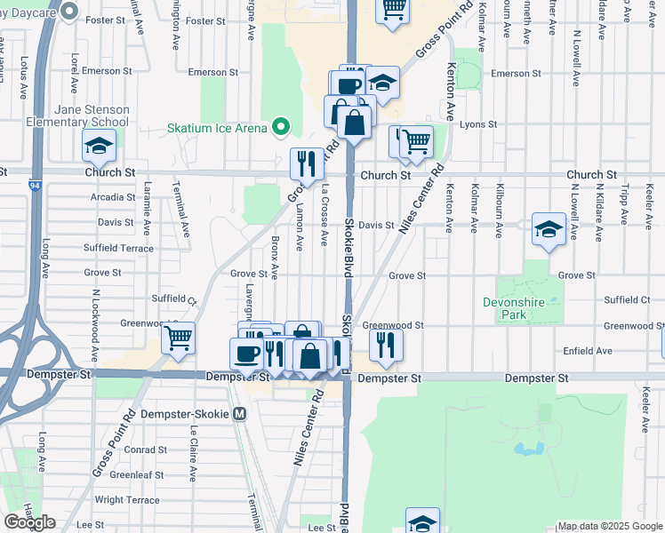 map of restaurants, bars, coffee shops, grocery stores, and more near 9016 La Crosse Avenue in Skokie