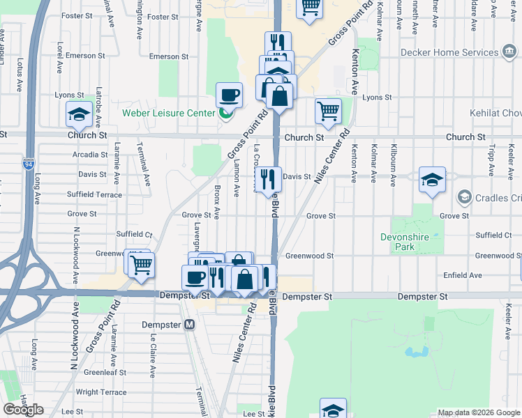map of restaurants, bars, coffee shops, grocery stores, and more near 9016 La Crosse Avenue in Skokie