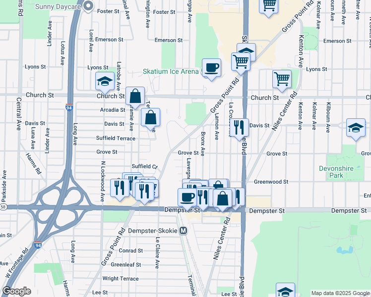 map of restaurants, bars, coffee shops, grocery stores, and more near 9021 Lavergne Avenue in Skokie