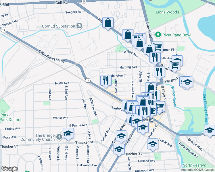 map of restaurants, bars, coffee shops, grocery stores, and more near 1264 Brown Street in Des Plaines