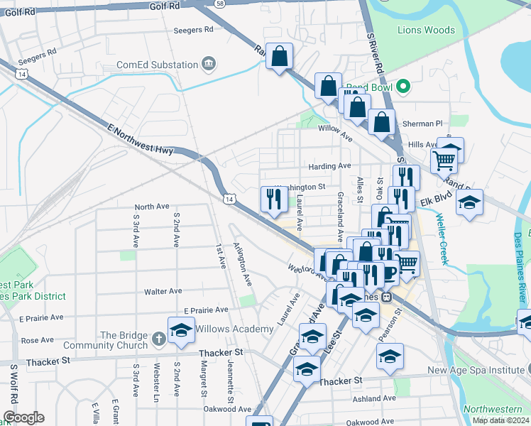 map of restaurants, bars, coffee shops, grocery stores, and more near 1214 Brown Street in Des Plaines
