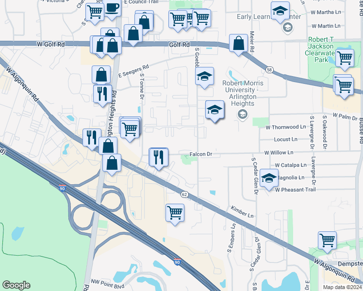 map of restaurants, bars, coffee shops, grocery stores, and more near 2230 South Goebbert Road in Arlington Heights