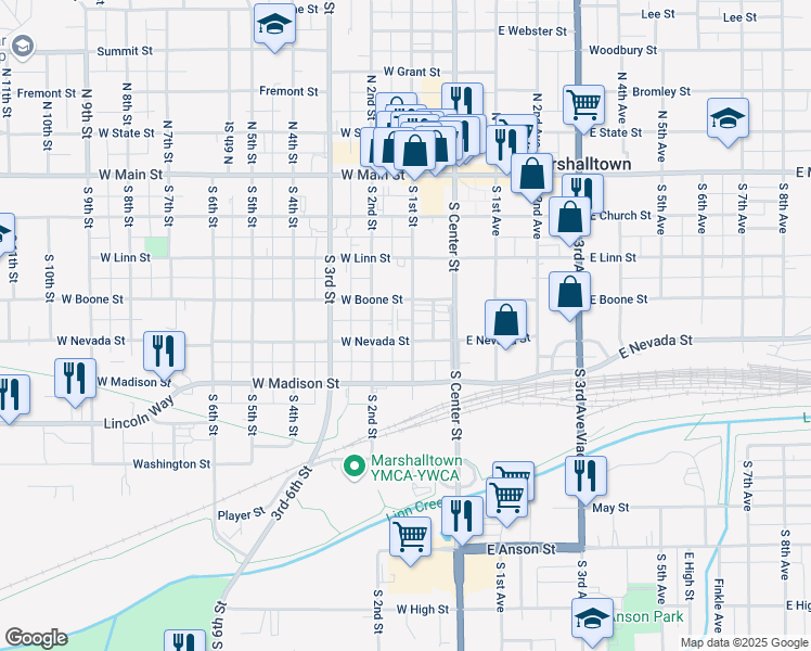 map of restaurants, bars, coffee shops, grocery stores, and more near 303 South 1st Street in Marshalltown